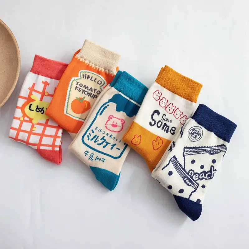 

5 Pairs Ladies' Socks Set Japanese Preppy Style Plaid Cartoon Kawaii Sweet Cute Versatile High Quality Socks For Girl Wholesale