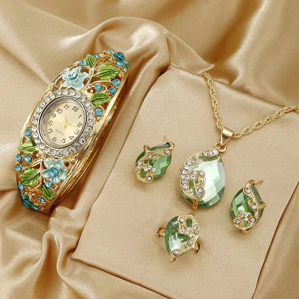 Round Dial Flower Butterfly Watch Quartz Movement Retro Rhinestone Bracelet Wristwatch Necklace Practical Floral Watch Set