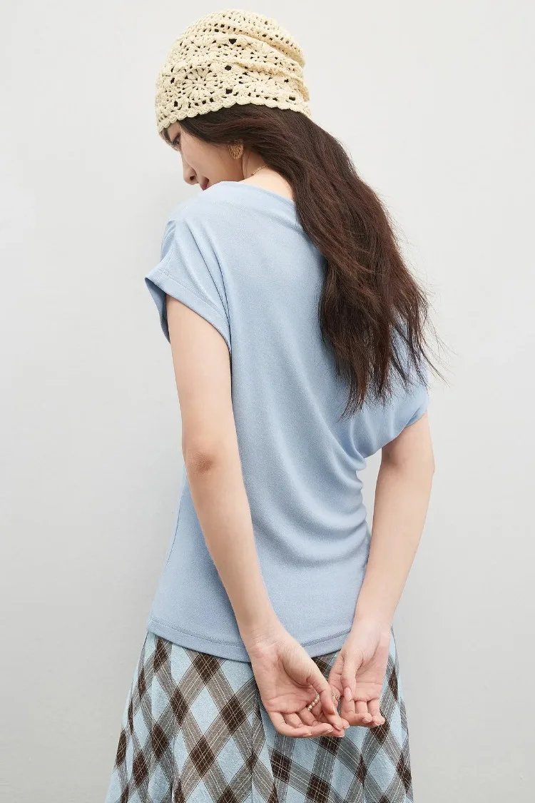 SENTUBILA Damen-Strick-T-Shirt mit Wendekragen, Frühling 2026, Weiß, minimalistisch, für den Alltag, plissiert, schmal geschnitten, Kurzarm-Oberteil 161TA4924 – Detail 17