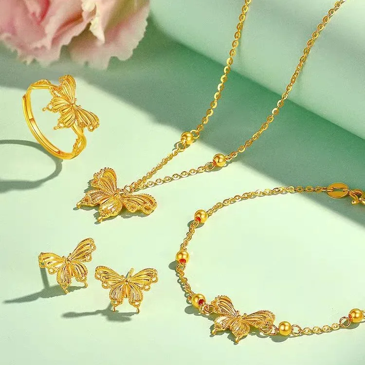 

Fashion Women's 9999 24K Real Gold Butterfly Bracelet Set Gold Colorful Butterfly Necklaces Ring Valentine's Day Gift