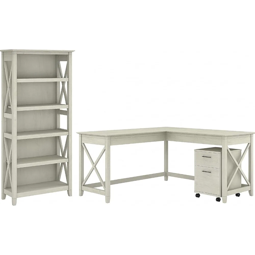 

Office Setup Desk Accessory Furniture Shaped Desk with 2 Drawer Mobile File Cabinet and 5 Shelf Bookcase in Linen White Oak