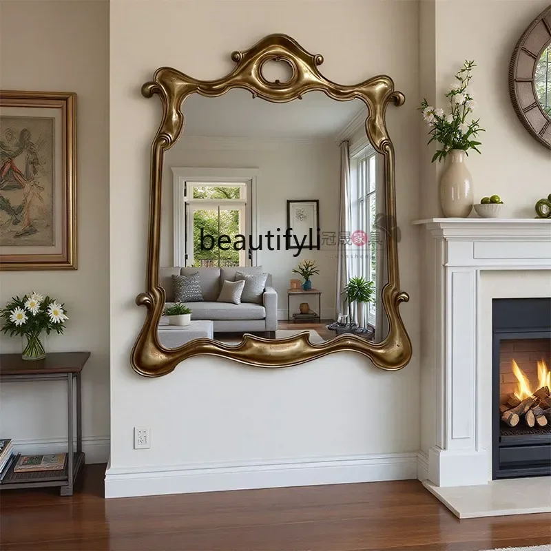 European retro makeup mirror wall hanging, special-shaped vanity mirror French carved porch fireplace decorative mirror6239