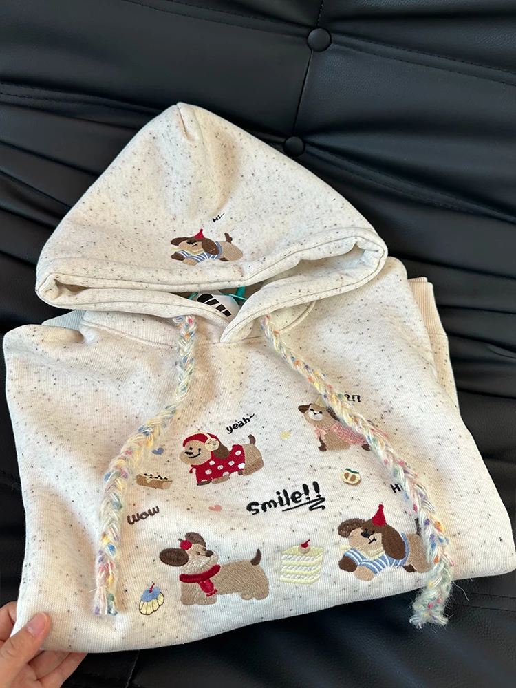 Niedlicher bestickter Hund Hoodie Damen Herbst Winter Thiened Fce Lose Oberbekleidung Lazy Sle Age Reduction Casual Jaet