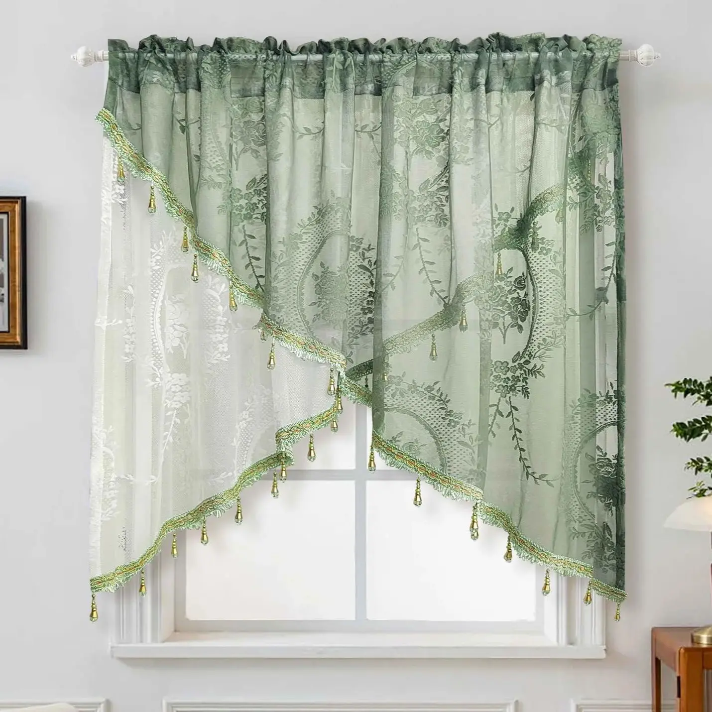 1PC American Double Layered Staggered Sheer Curtain for Small Window Kitchen Voile Drape With Lace Beads Cabinet Cafe