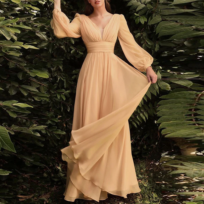 Fashion Deep V High Waist Chiffon Dress Autumn Casual Long Sleeved Pleated Party Dress Autumn Elegant Solid Bridesmaid Dresseses