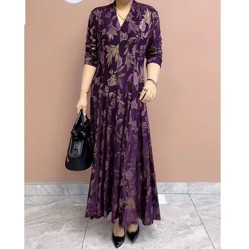 Women\'s Autumn New Fashion Elegant V-neck Pullover Print Pocket Casual and Versatile Long Sleeved Loose Mid Length Dress A83