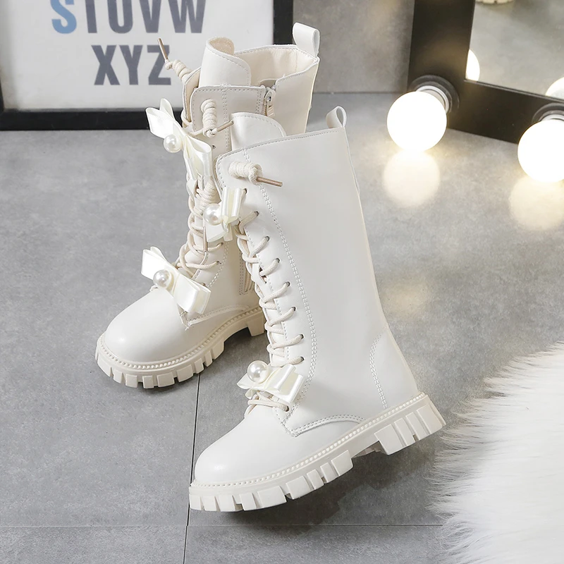 Winter Long Boots For Girls Luxury Pearl Bow Teenager Girl\'s Fashion Boots Faux Fur Thick Warm Cotton Snow Boots For Girls