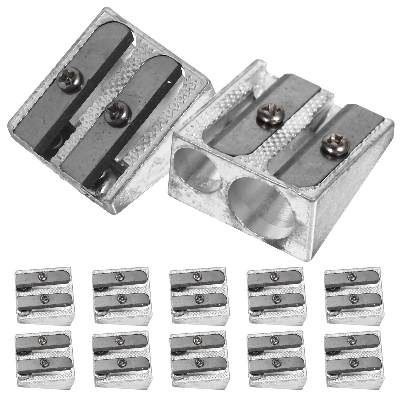 

12 Pcs Aluminum Alloy Double Hole Manual Pencil Sharpeners for School Office Small Handheld Bulk Metal Crayon Sharpener