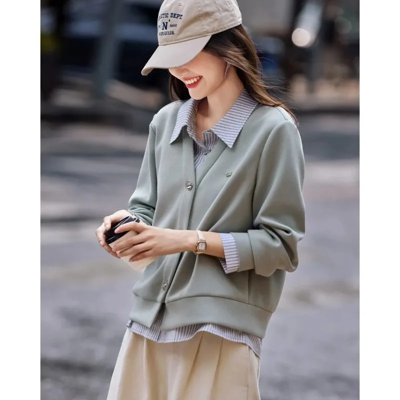 

Women's Sage Green Two-in-One Cardigan with Striped Shirt Collar Casual V-Neck Button Up Top