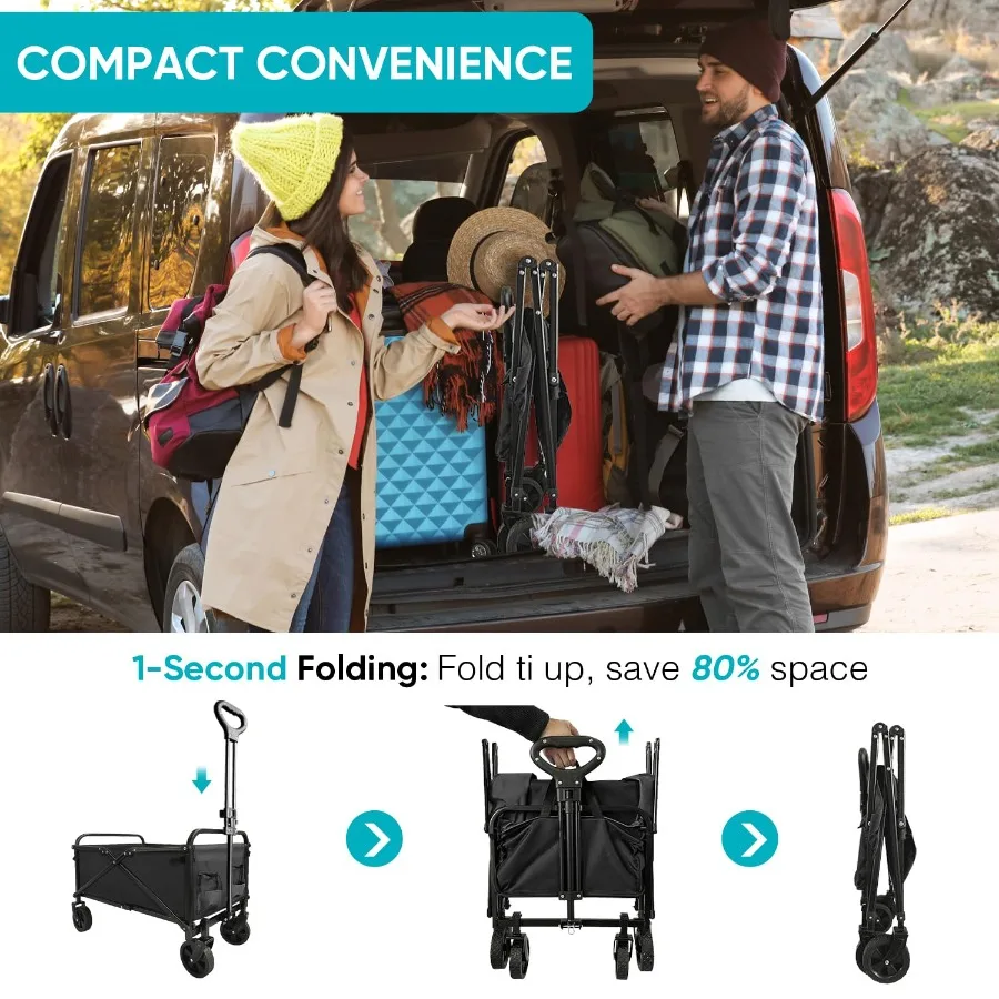 عربة شاطئ قابلة للطي وقابلة للطي بسعة كبيرة وعربة قابلة للطي شديدة التحمل ومحمولة للرياضات الخارجية والتسوق والتخييم باللون الأسود