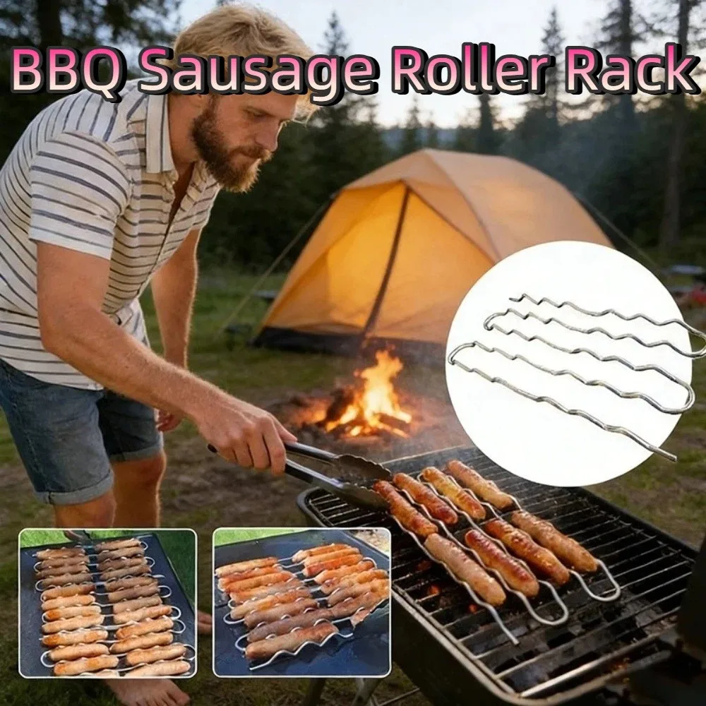 Stainless Steel BBQ Sausage Roller Rack 360° Rolling Rust-proof Hot Dog Roller Grill Multi-functional BBQ Sausage Holder