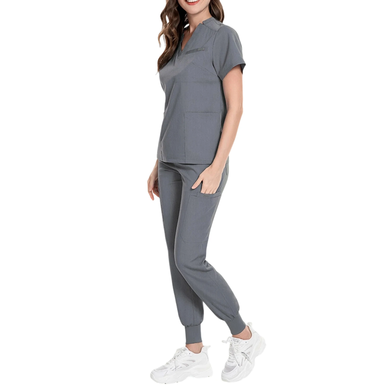 Conjunto de enfermeira feminina com decote em v manga curta multi-cor multi-bolso jogger calças uniforme médico roupas de trabalho de saúde