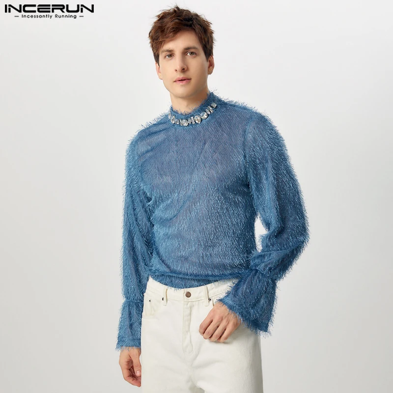 INCERUN Tops American Style Fashion Men's Tassel Slightly Transparent Semi High Neck Shirt Casual Solid Flare Long Sleeve Blouse