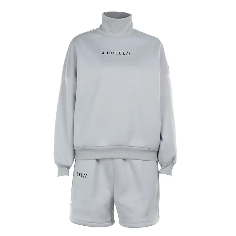 Half-high Collar Long Sleeve Letter Printed Sweater High Waist Casual Shorts Autumn European and American Fashion suit Women