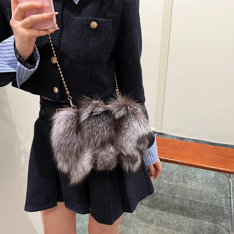 Pure Color Imitation Fox Fur Trendy Chain Versatile Clip Large Capacity Single Shoulder Crossbody Bag for Women