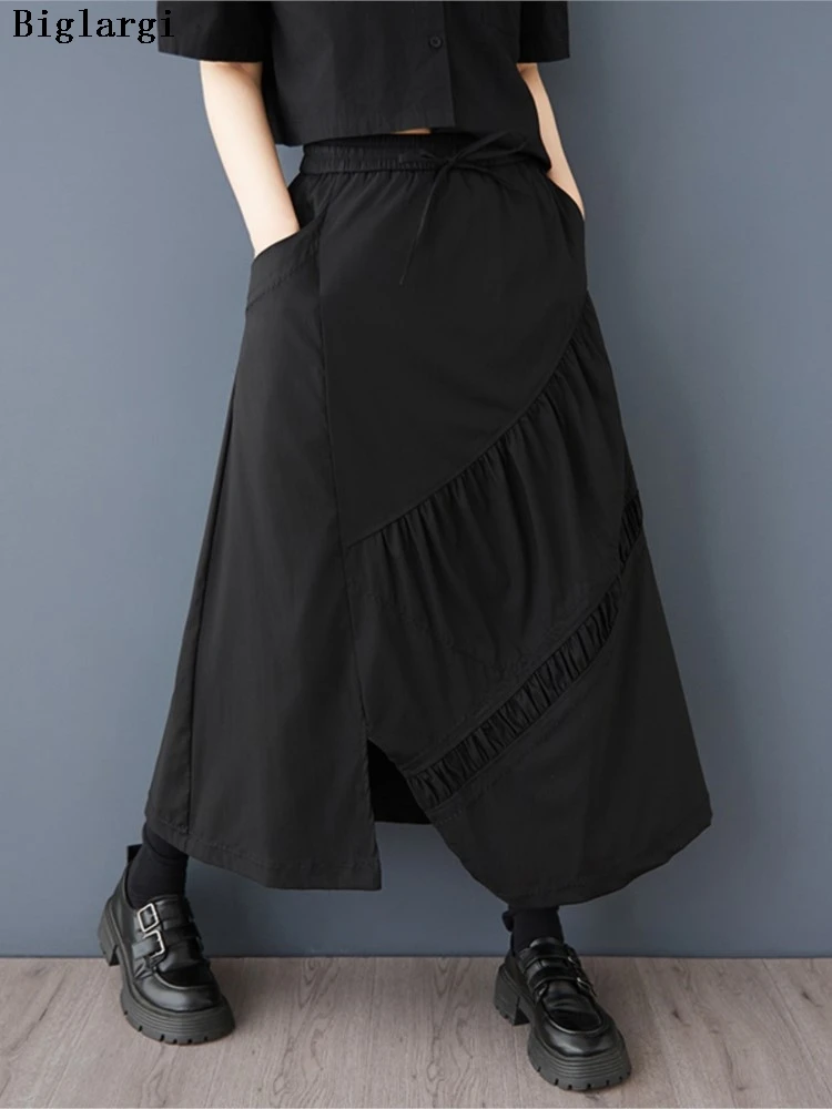 

Oversized Summer Long Skirt Women Irregular Fashion Split Loose Pleated Ladies Skirts Elastic High Waist Woman A-Line Skirts