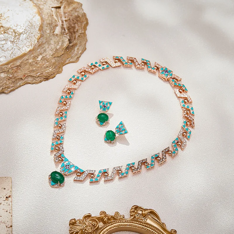 Eyer New Light Blue Enamel Emerald Cubic Zircon Earrings and Necklace for Women Evening  Party Wedding Dress Jewelry Gift