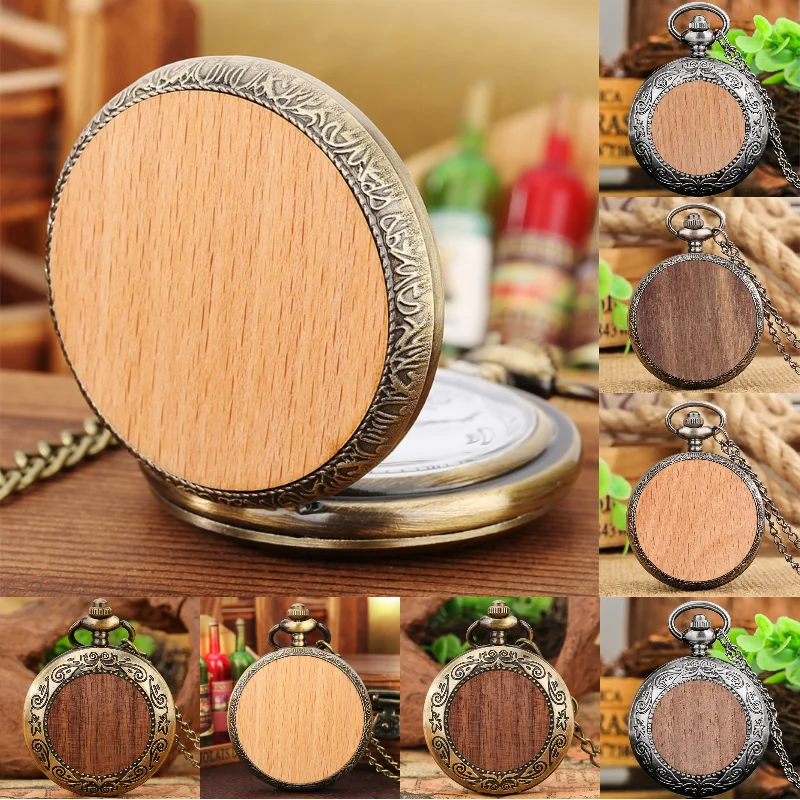Customizable Blank Wooden Surface Pocket Watch Retro Quartz Movement Watches Pendant Necklace Chain Arabic Number Display