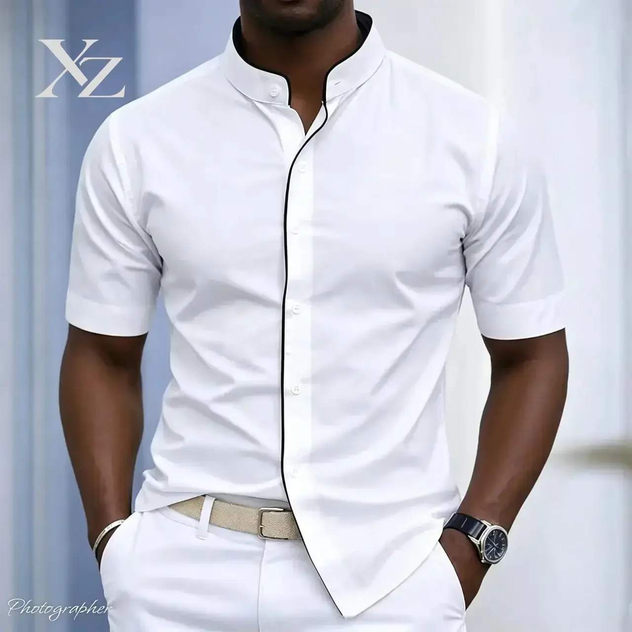 Hot Sale Men's High Neck Short Sleeved Shirt with Color Block Slotted Cut Design, Comfortable Fashionable Casual Business Style