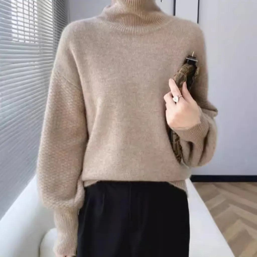 

Cashmere Women's Pullover High Neck Knitted Sweater Loose Fit Shoulder Thickened Imitation Wool Autumn Winter Base Shirt