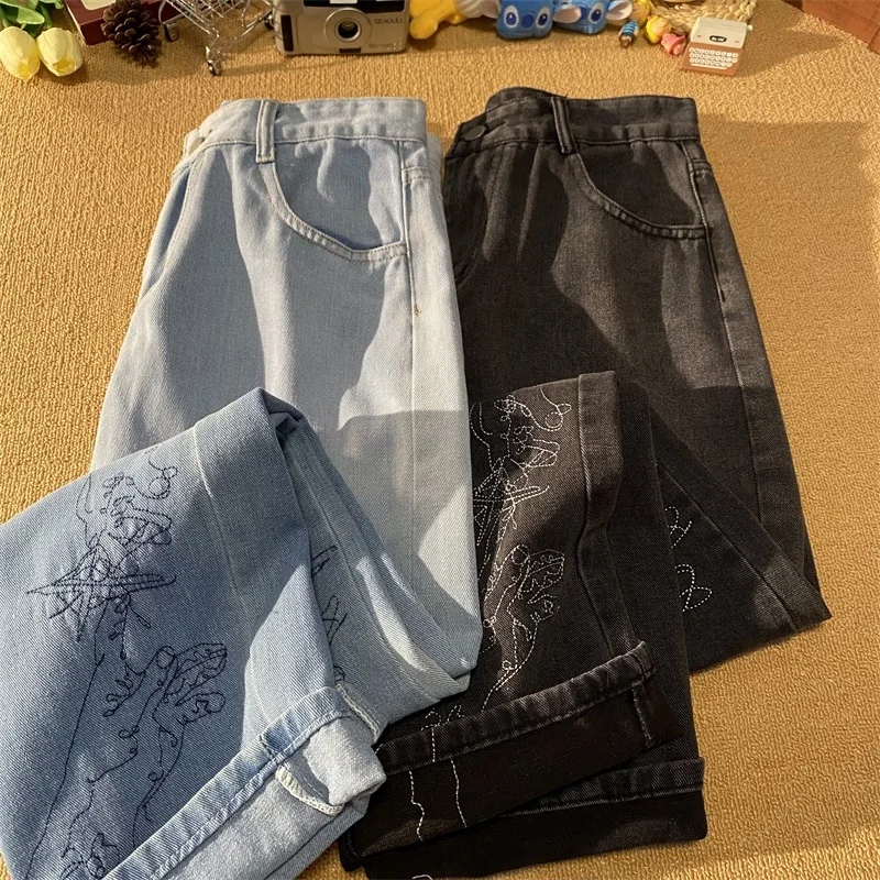 High Street Men's Straight-leg Jeans Embroidery Graphic Vintage Denim Pants Loose Fashion Hip Hop Male Trousers