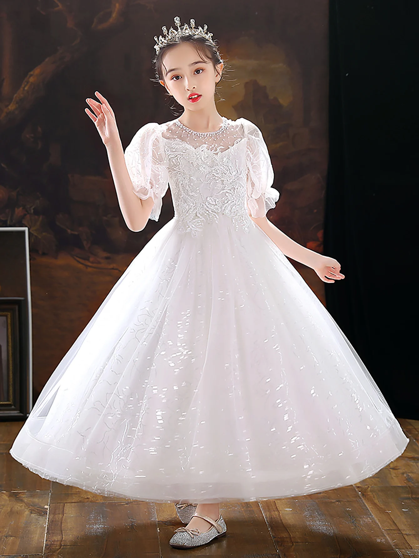 White Princess Girl Wedding Proms Kids Frock Design Children Sweety Cute Fashion Flower Clothes
