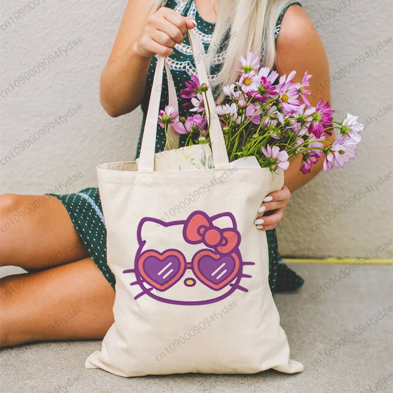 

Сумка-шоппер Sanrio Kuromi с розовыми солнцезащитными очками и крутым принтом, женская холщовая сумка, эко-сумка с мультяшным рисунком, сумка через плечо