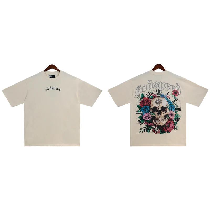 

High Quality Godspeed Skull and Flower Prints T-shirt Men Women Breathable Casual T-shirts Tops Tees