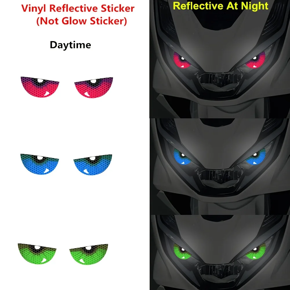 1 زوج عيون الشيطان الفينيل عاكس دراجة نارية ملصقات ذاتية اللصق ليلة القيادة تحذير السلامة لخوذات المصابيح الأمامية موتو