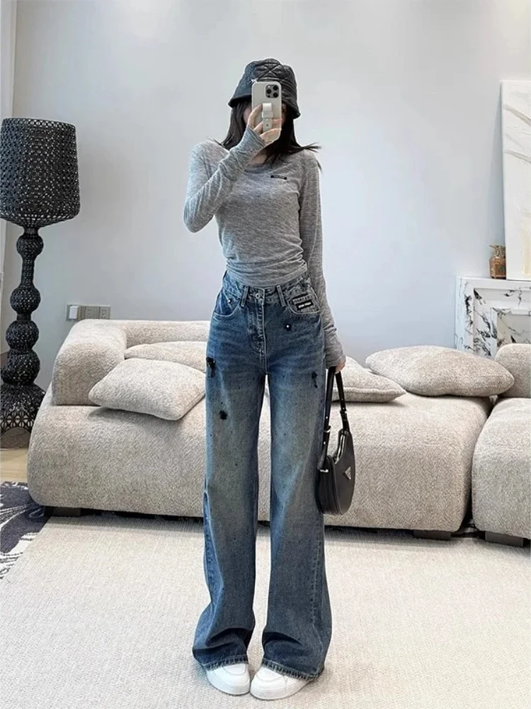 

Широкие облегающие джинсы премиум-класса со стразами, женские весенние 2024, новые свободные утягивающие длинные брюки прямого кроя