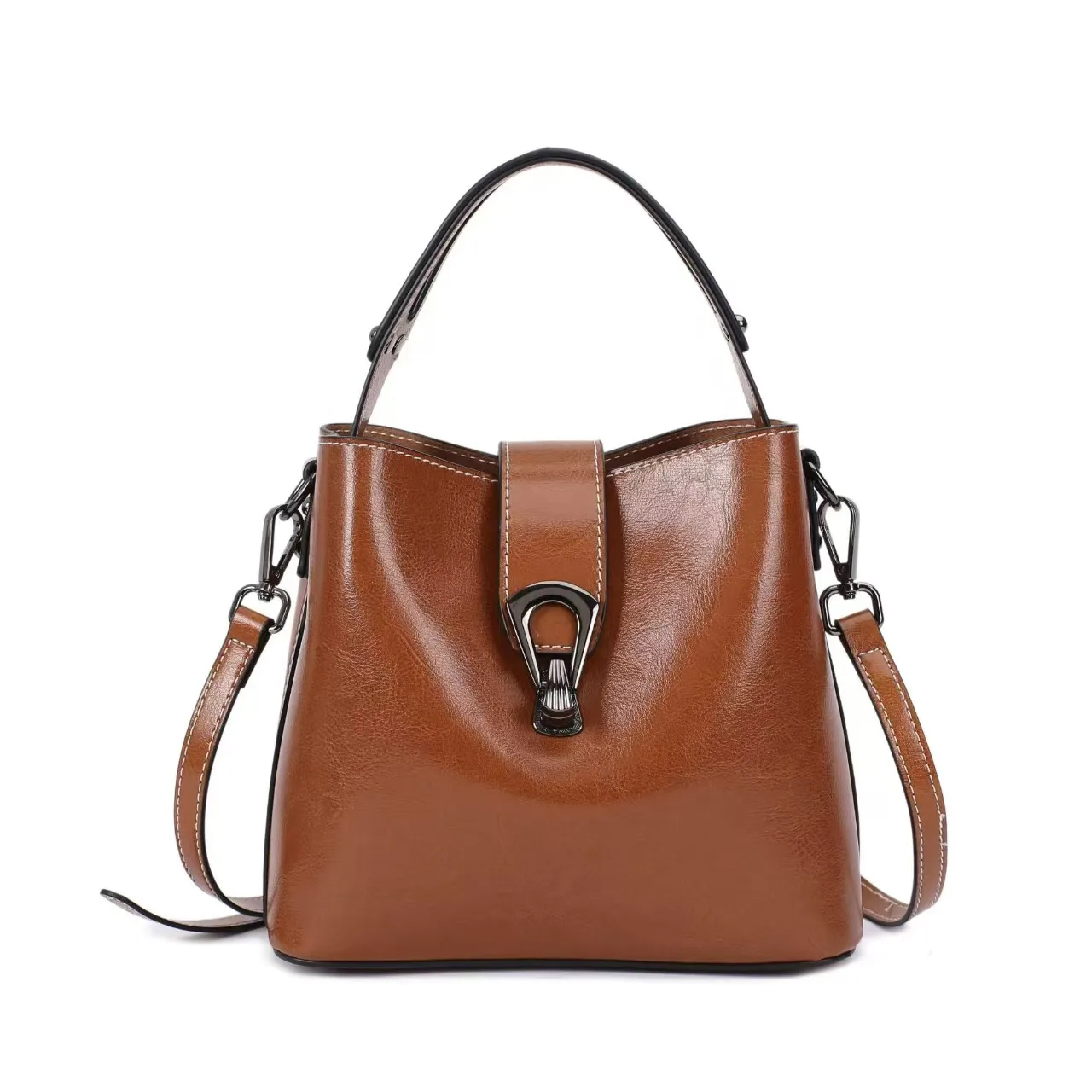 Real Oil Wax Leather Women's Bucket Bag Casual and Simple Handbag Large Capacity Ladies Cowhide Fashionable Crossbody Tote Bag