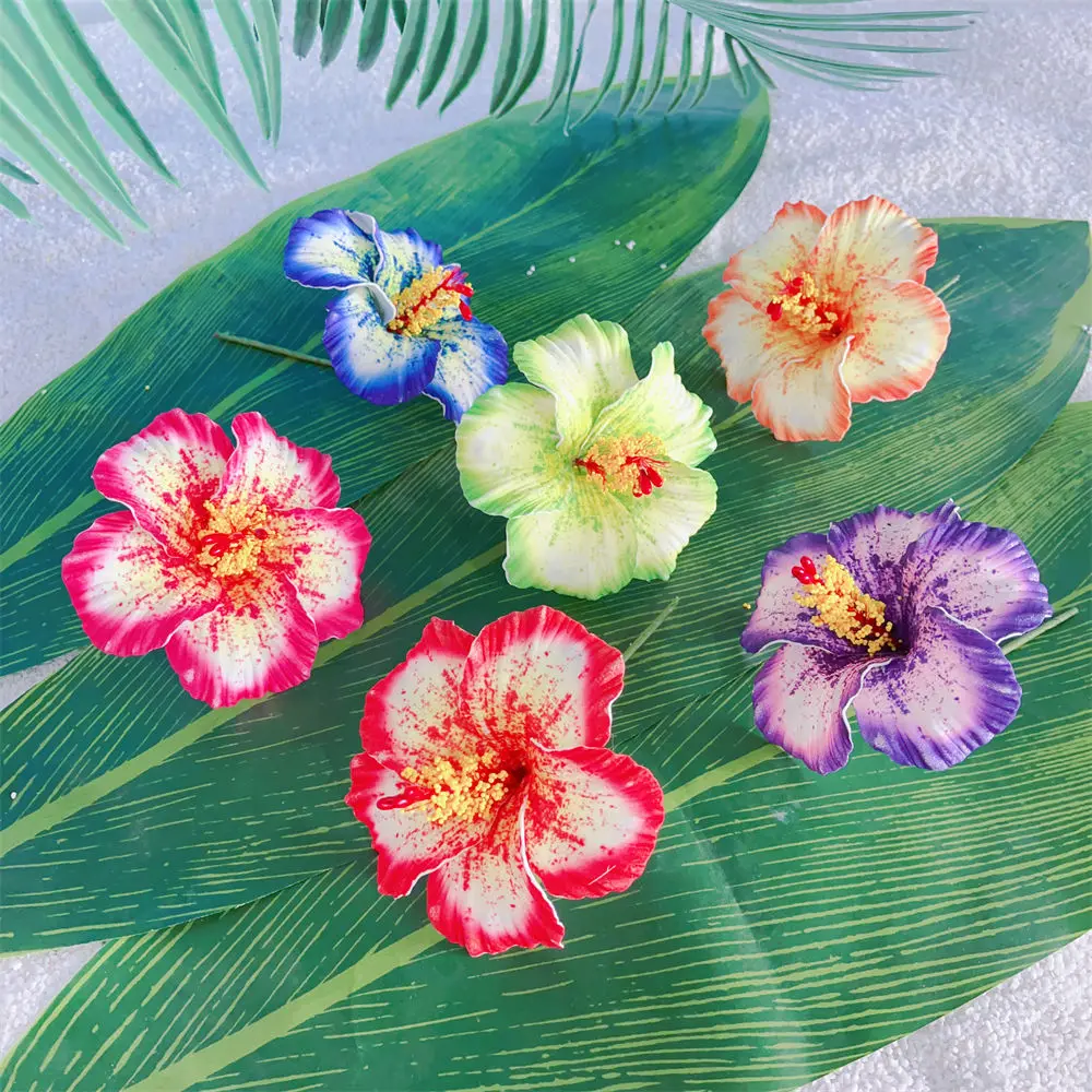 10Pcs Mixed Colors Hawaii Hibiscus Flower Hairpick Real Touch Hula Dancer Ear Pick Fashion Luau Party Tropical Hair Accessories