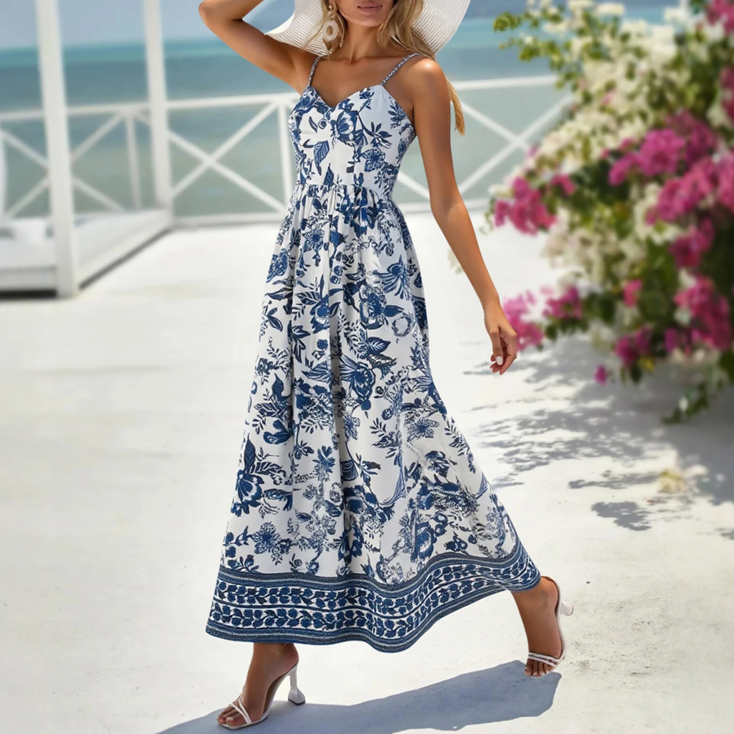 فساتين بدون أكمام ورقبة على شكل قلب للعطلات كامي صيفي يوميًا فساتين مطبوعة برسومات جرافيكية للنساء