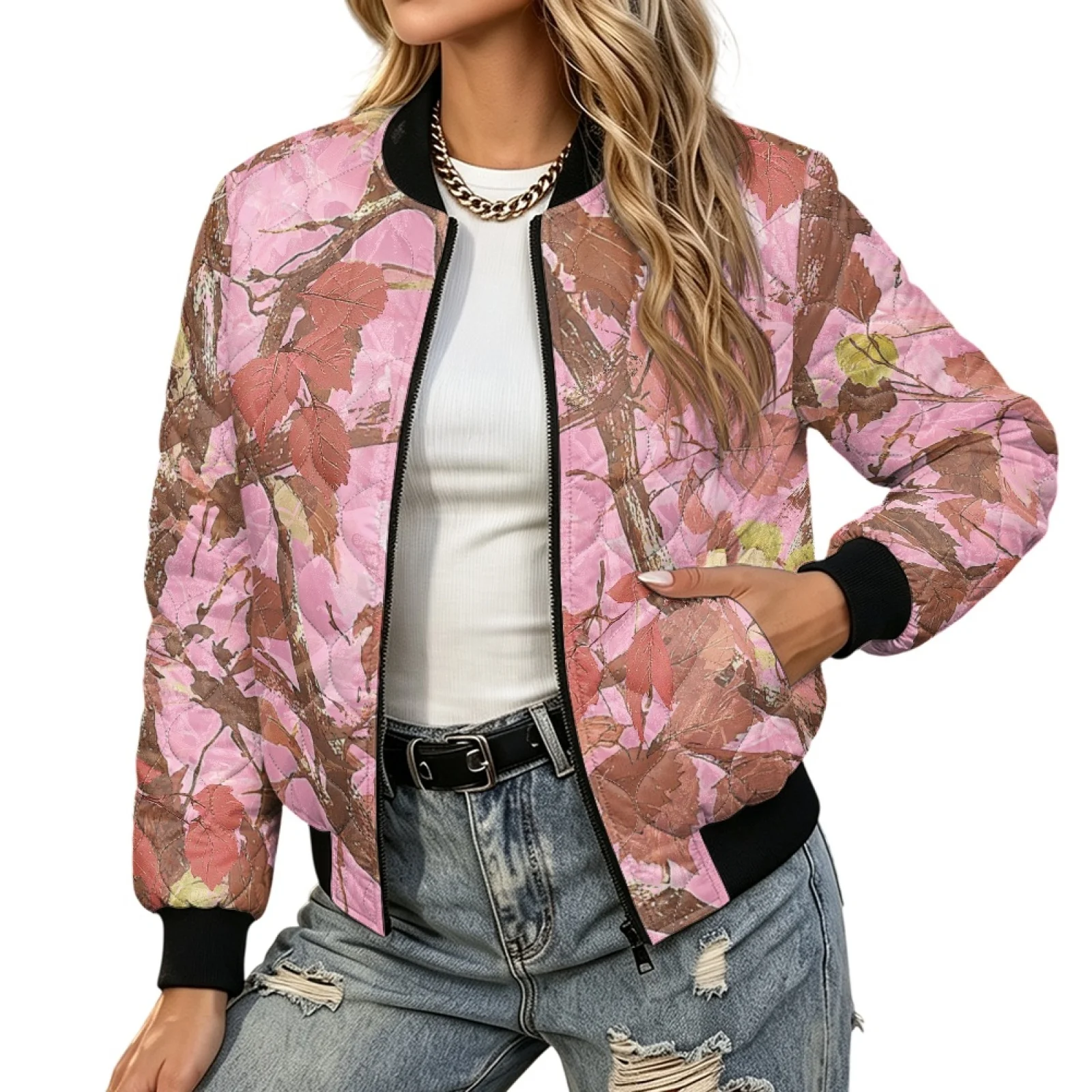 PENSTROLL Pink Tree Leaf Print Ladies Cropped Length Zipper Padded Quilted Coat Water-Resistant Coat Outerwear for Travel