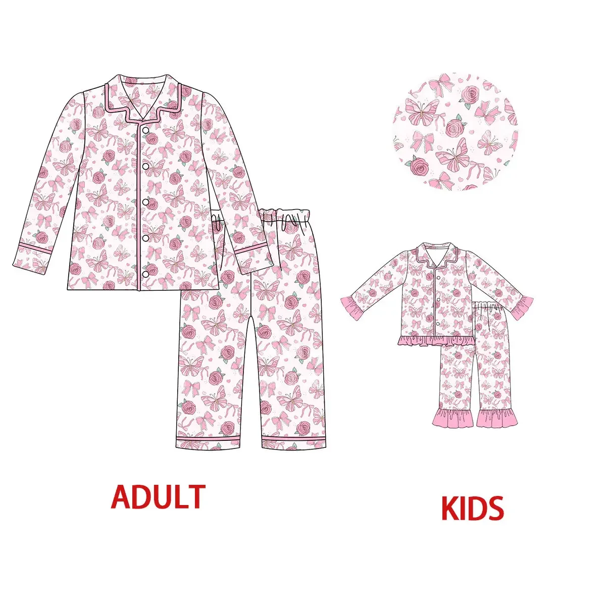 

Pink flower and bow print girls and mom long sleeve trousers fall boutique matching pajama sets
