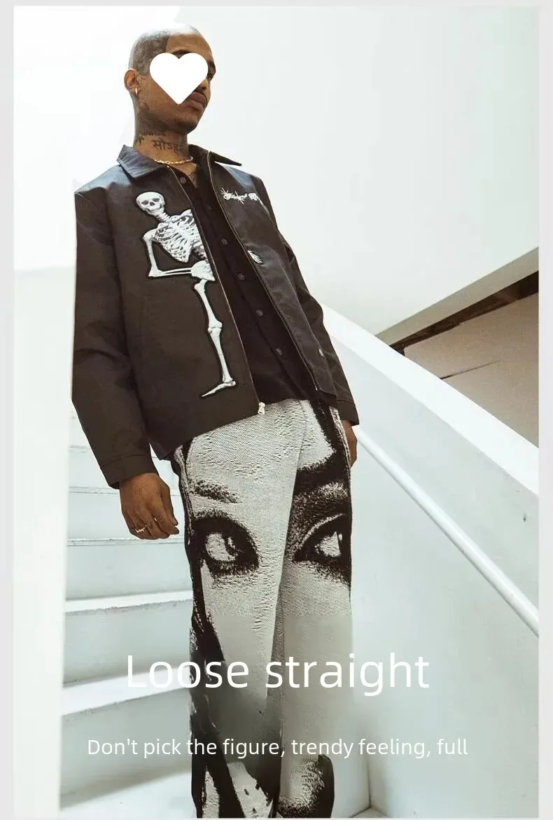 Mens Y2K Gothic Style Human Face Print Basketball Trousers Vintage USA Street Sports Casual Straight Cargo Pants Pantalon Hombre