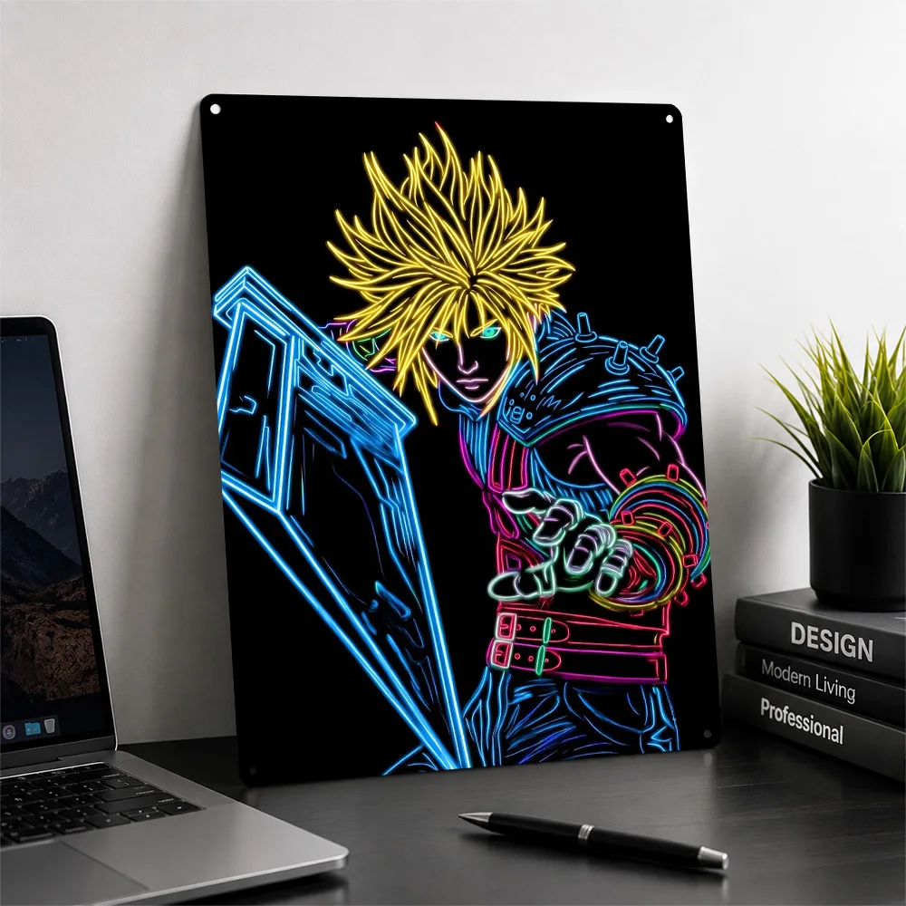 Neon Cloud Strife Final Fantasy Art 3D Printed Texture Poster Personalized Wall Art Retro Metal Tin Signs for Garage Accessories