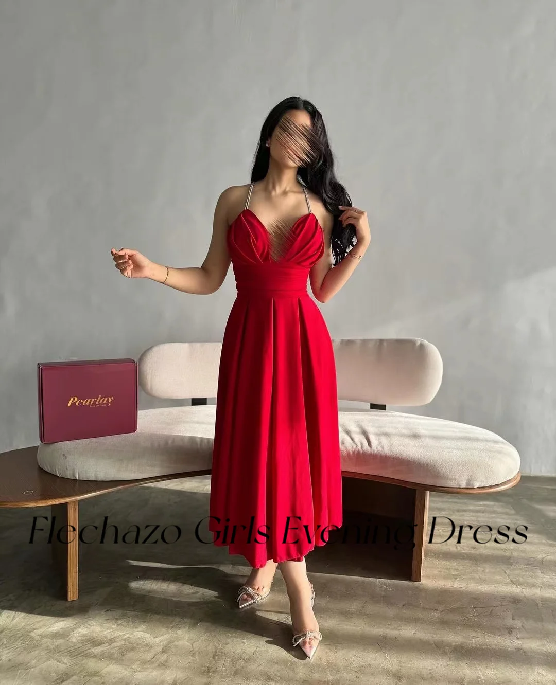 Flechazo Red Satin Evening Dresses Spaghetti Backless Pleated Tea-Length Simple Party Dress For Women 2024 платье женское