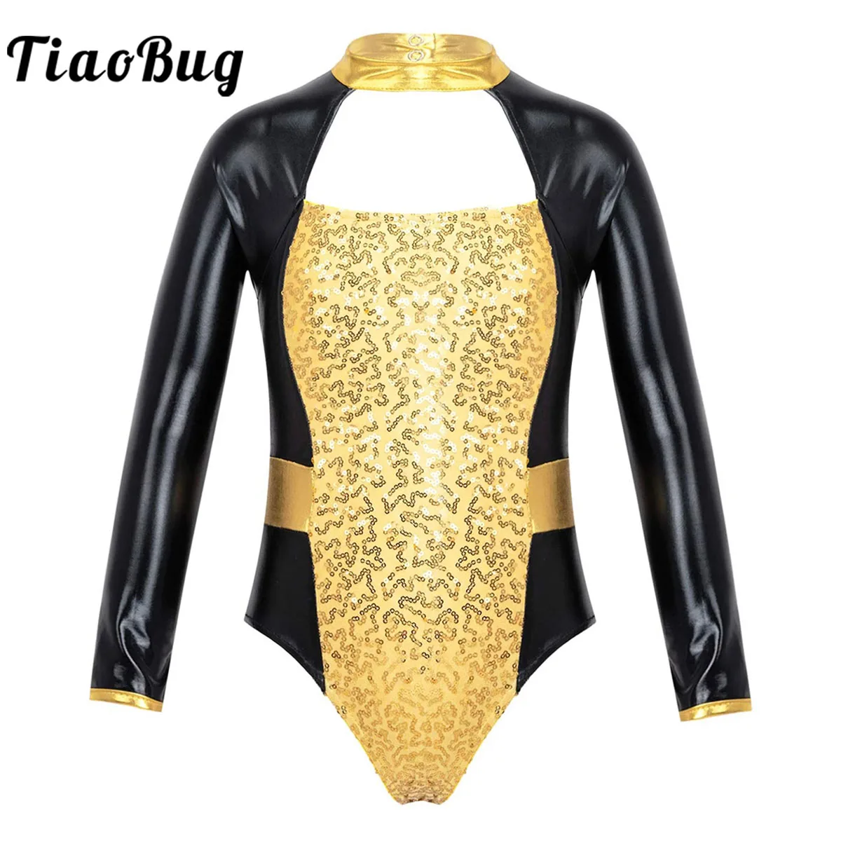 

Shiny Sequins Ballet Leotards Kids Girls Long Sleeve Cutouts Back Gymnastics Leotards Bodysuit Jumpsuit Skating Dancewear