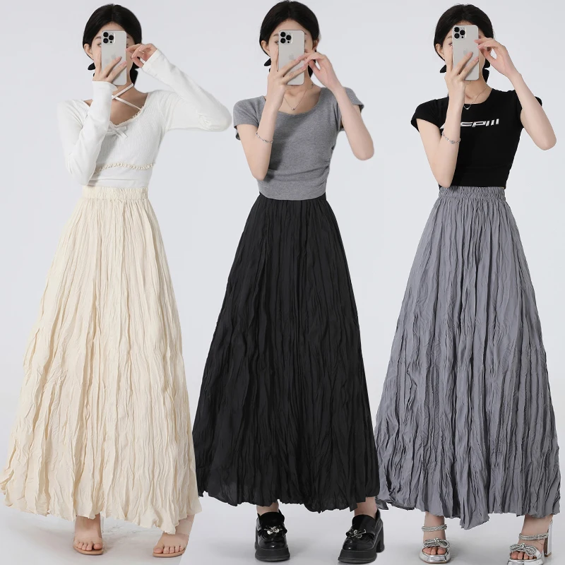 Solid Color Pleated Skirt Women Casual Long Skirt Spring Summer Elastic High Waist Pleated Black White A-LINE Party Skirts