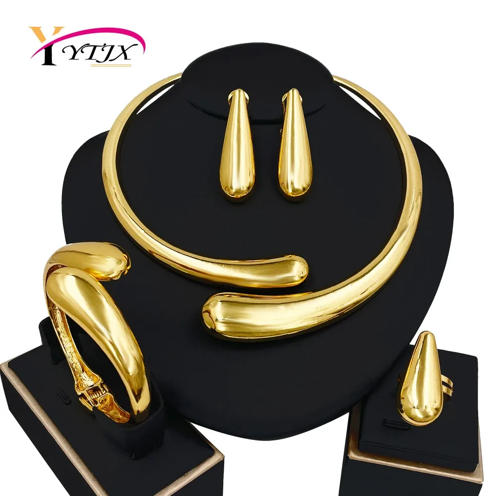 

YTJX 4 Pcs Water Drop Jewelry Set African Nigeria Wedding Jewellery Large Necklace Earring For Women Birthday Anniversary Gifts