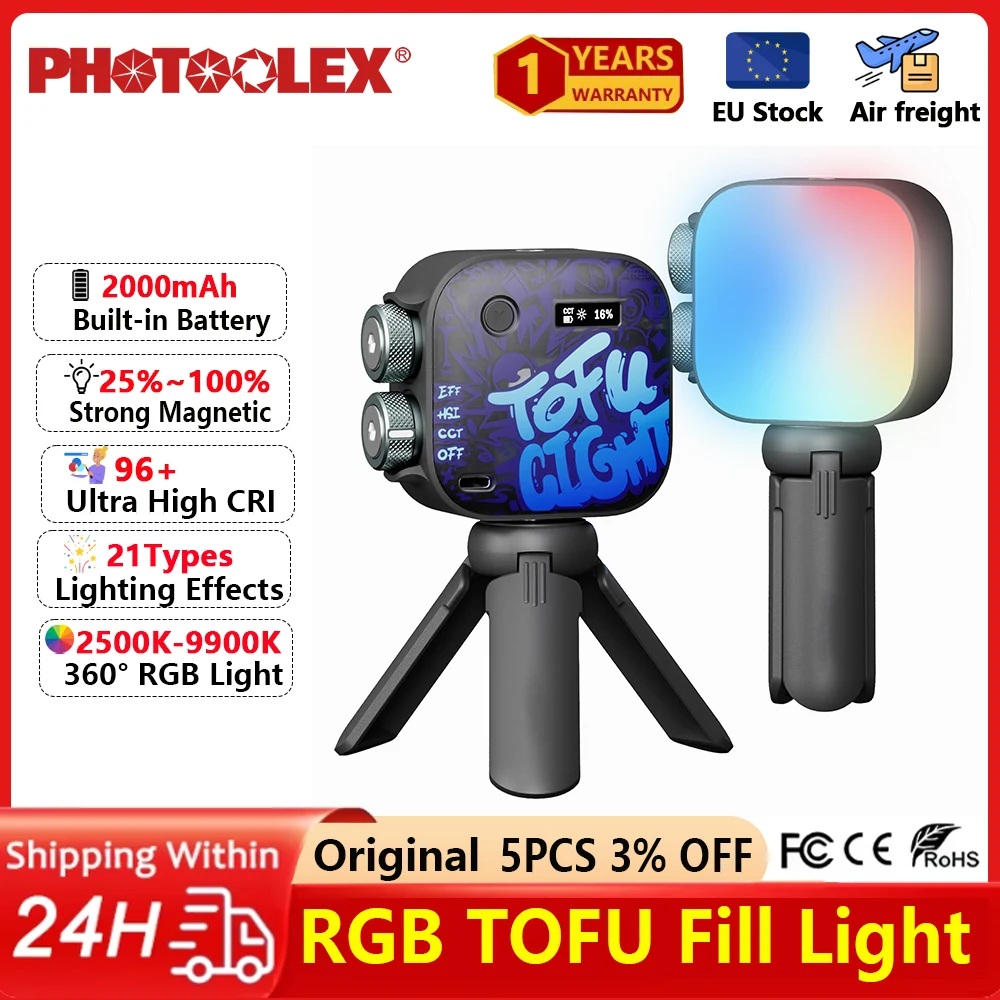 PHOTOOLEX Adjustable Mini Video LED 36000 Full Color RGB Fill Light 21Effect Rechargable DSLR SLR Mobile Portable Fill Light