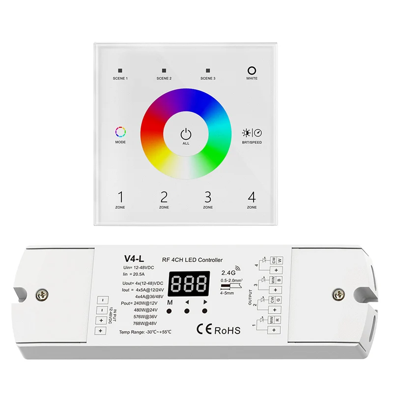 

New Led RGBW Controller Wall Mount 120V 240V 4 Zone Touch Panel DMX Master & RF Wireless Receiver For RGB/RGBW Strip Control