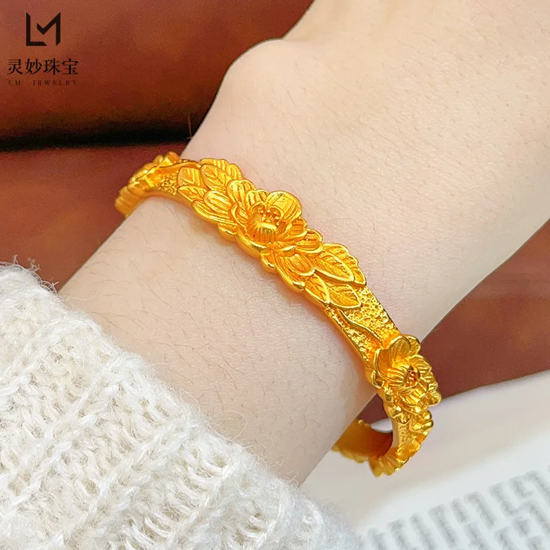 Heirloom Bangle Women's 24K Gold AU999 - Full Gold Open Bangle, Peony & Double Happiness Heritage, Family Treasure Option
