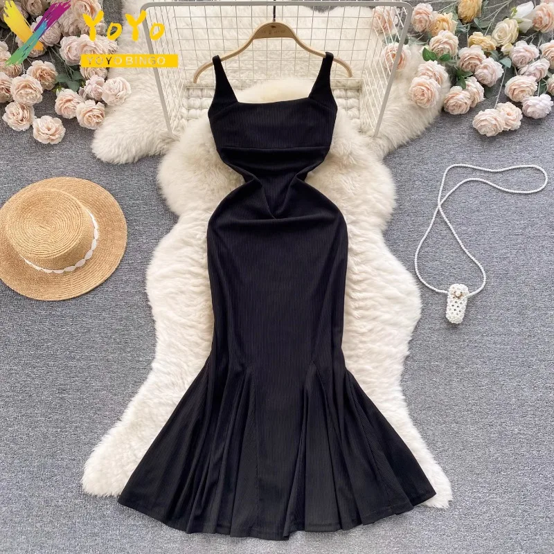 

2024 Elegant Party Dress Black Spaghetti Strap Square Neck Sleeveless Vest Fishtail Dress Elastic Slim Bodycon Nightclub Dress