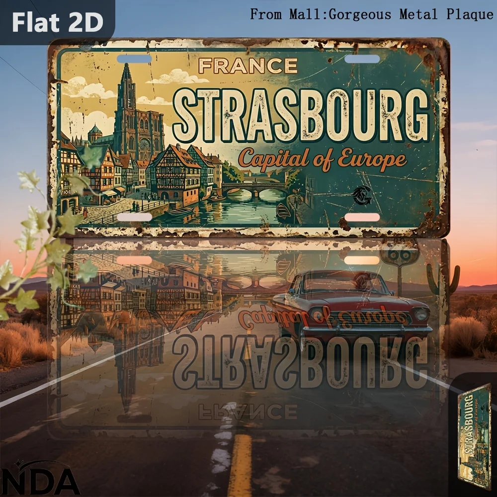 2D Flat - 【2D Flat】 1pc, Vintage Metal Aluminum Travel Sign, Strasbourg Outdoor Plaques And Wall Art (30.48cm X 14.99cm), Wall D