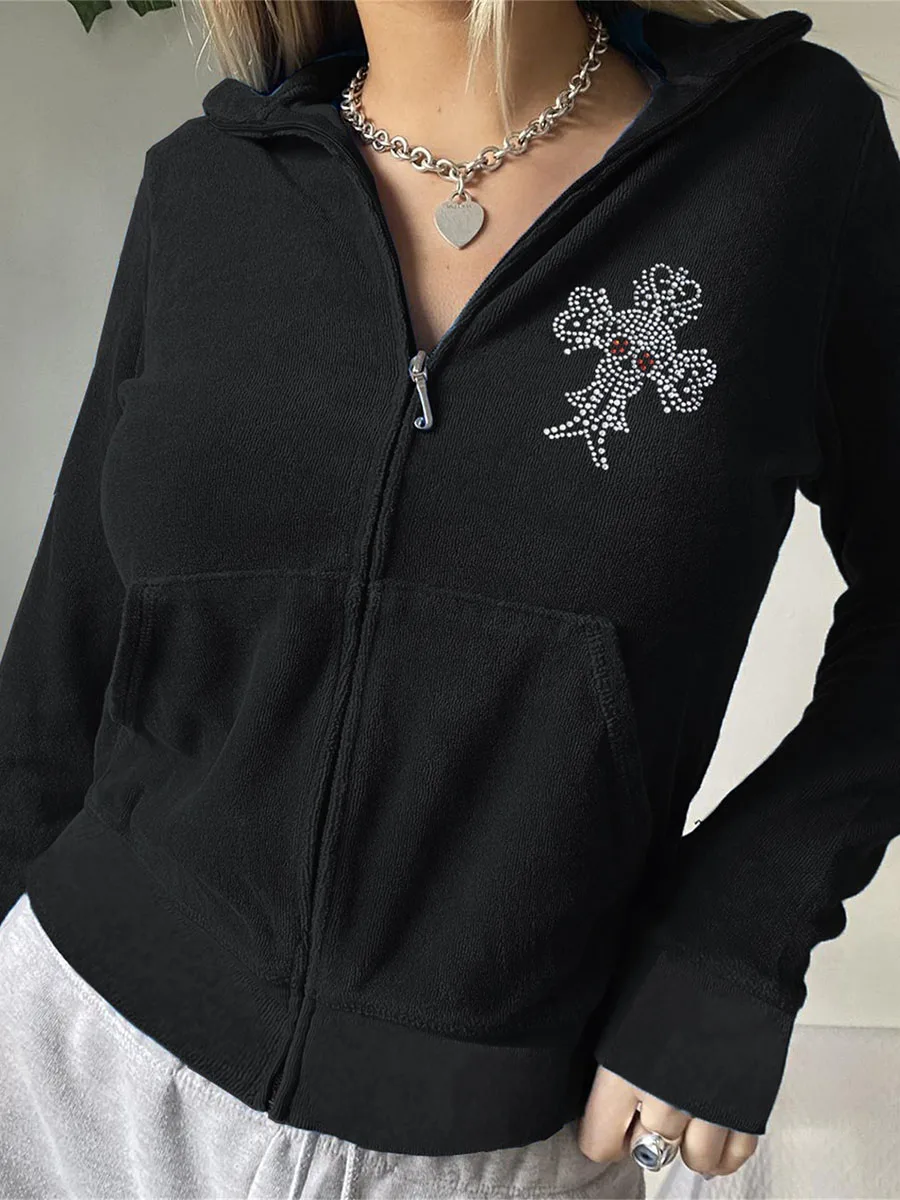 Women Y2k Skeleton Rhinestone Hoodies Sweatshirts Teen Girl Sweatshirts Fall Gothic Hoodie Long Sleeve Zip Up Clothing