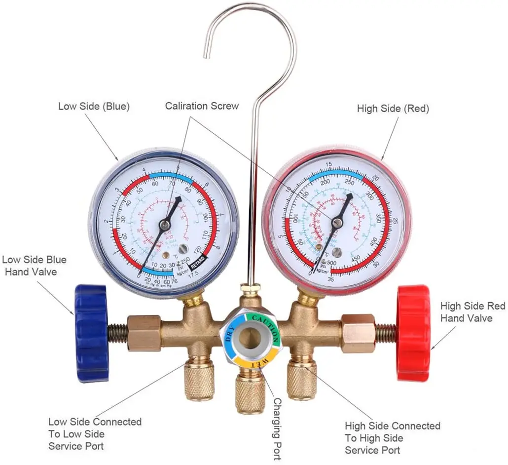 Air Conditioning Pressure Gauge  with Hose and Hook 3 Way AC Diagnostic Manifold Gauge Set for Freon For R12 R22 R404A  R134a