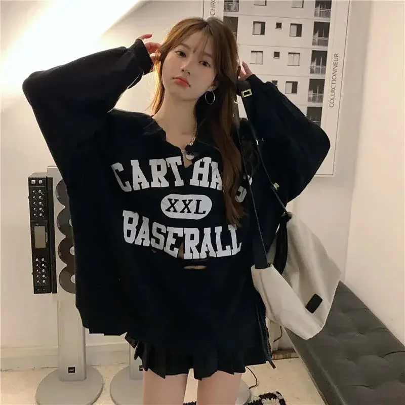 

Women T-shirts Long Sleeve Letter Print Tops Harajuku Hip Hop BF Streetwear V-neck Hole Korean T Shirt Mujer Versatile Футболка