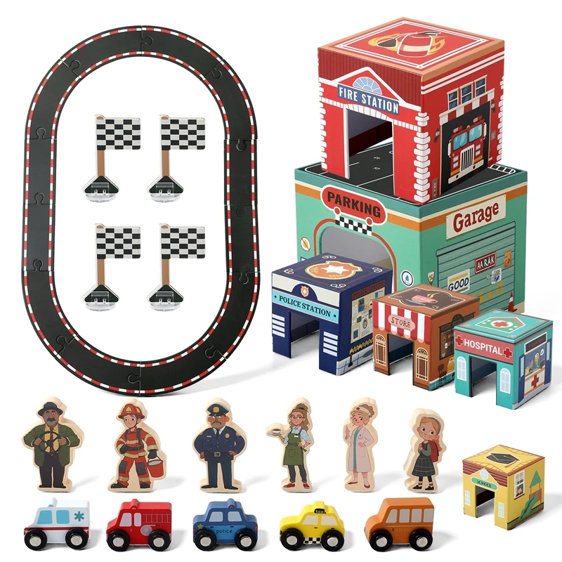 ชุดของเล่นเด็กแบบมอนเตสซอรี่ รถการ์ตูนขนาดเล็ก รางซ้อนได้ ดีไซน์แบบโมดูล ตัวรถประกอบได้ ชุดอุปกรณ์เสริมสำหรับเด็ก